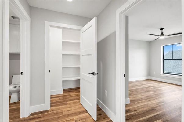 Bathroom, Empty room, Interior, Recessed Lighting, Wood Texture Flooring