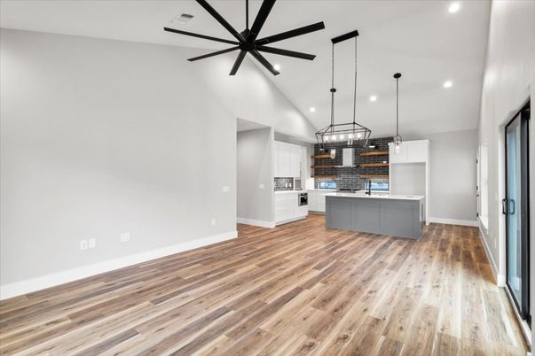 Empty room, Interior, Kitchen, Pendant Lights, Recessed Lighting, Wood Texture Flooring