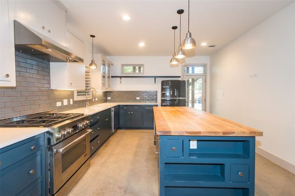 Interior, Kitchen, Pendant Lights, Recessed Lighting, Stainless Steel Appliances, Stone Walls