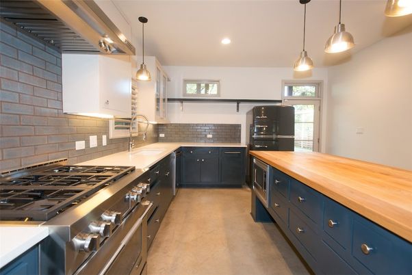 Interior, Kitchen, Pendant Lights, Recessed Lighting, Stainless Steel Appliances, Stone Walls
