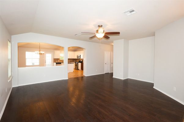 Chandelier, Empty room, Interior, Kitchen, Pendant Lights, Wood Texture Flooring