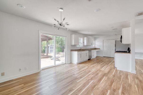 Empty room, Interior, Kitchen, Pendant Lights, Recessed Lighting, Wood Texture Flooring