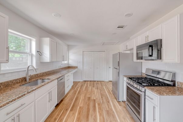 Interior, Kitchen, Recessed Lighting, Wood Texture Flooring