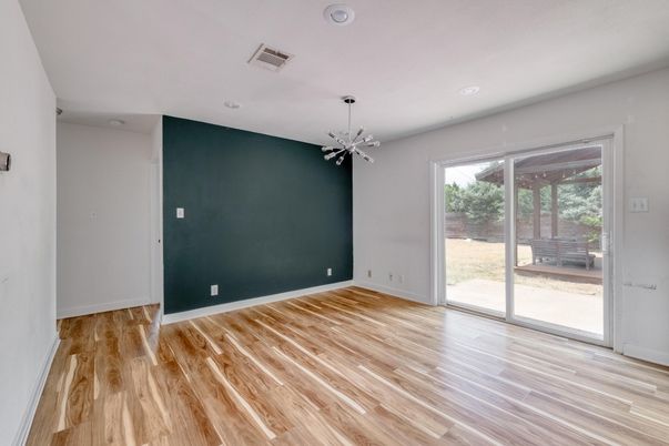 Empty room, Interior, Pendant Lights, Recessed Lighting, Wood Texture Flooring