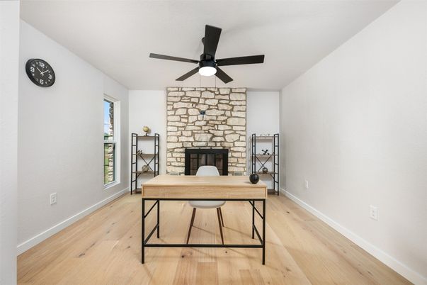 Fireplace, Home Office, Interior, Stone Walls, Wood Texture Flooring