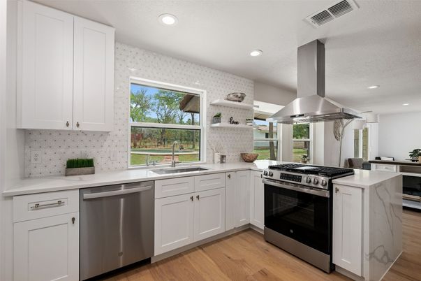 Interior, Kitchen, Recessed Lighting, Stainless Steel Appliances, Wood Texture Flooring