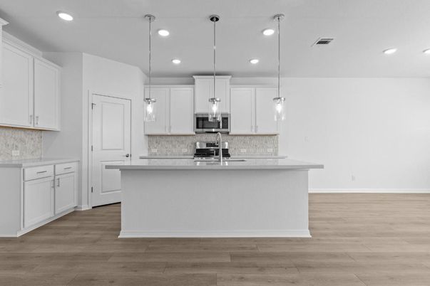 Interior, Kitchen, Pendant Lights, Recessed Lighting, Wood Texture Flooring