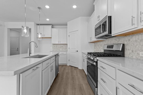 Interior, Kitchen, Pendant Lights, Recessed Lighting, Stainless Steel Appliances, Wood Texture Flooring