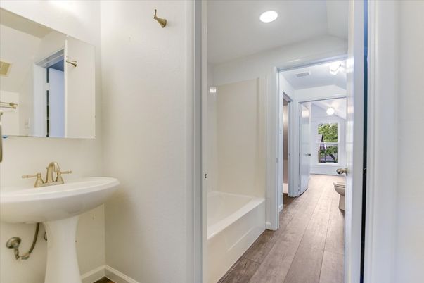 Bathroom, Interior, Recessed Lighting, Wood Texture Flooring