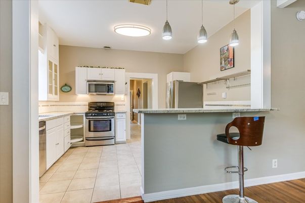 Interior, Kitchen, Pendant Lights, Stainless Steel Appliances, Wood Texture Flooring