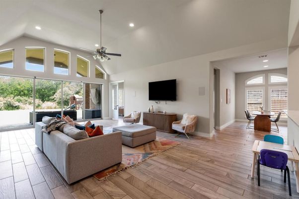 Dining room, Interior, Living room, Recessed Lighting, Wood Texture Flooring