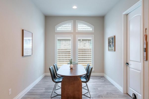Dining room, Interior, Recessed Lighting, Wood Texture Flooring