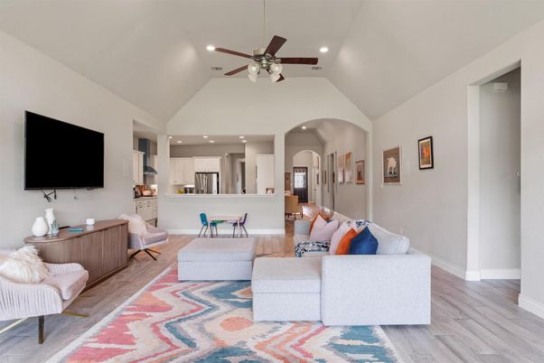 Dining room, Interior, Kitchen, Living room, Recessed Lighting, Stainless Steel Appliances, Wood Texture Flooring
