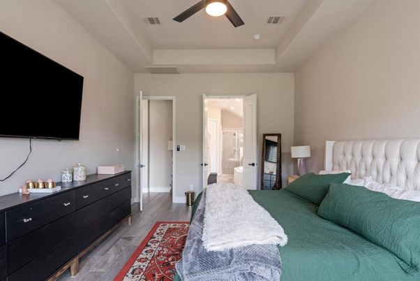 Bedroom, Interior, Recessed Lighting, Wood Texture Flooring