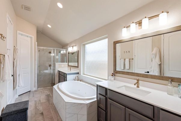 Bathroom, Dual Sink Vanities, Glass Shower, Interior, Marble, Recessed Lighting