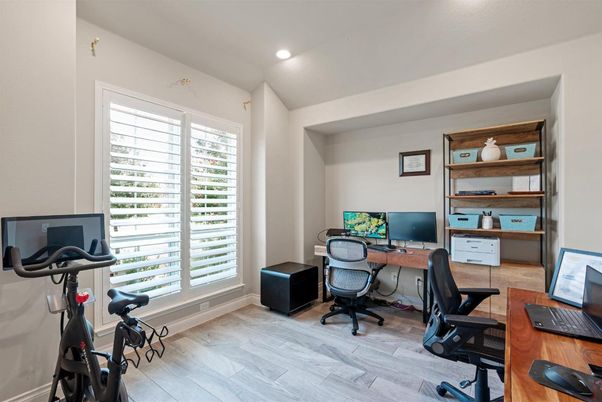 Fitness Equipment, Home Office, Interior, Recessed Lighting, Wood Texture Flooring