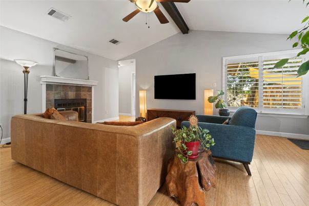 Fireplace, Interior, Living room, Wooden Beams, Wood Texture Flooring