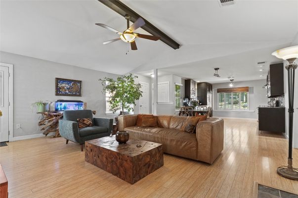 Dining room, Interior, Living room, Recessed Lighting, Wooden Beams, Wood Texture Flooring