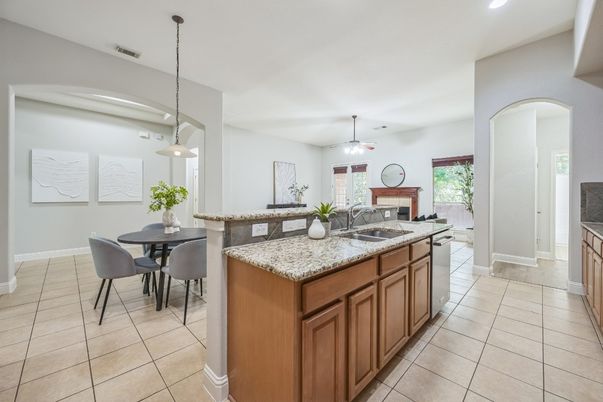 Dining room, Fireplace, Interior, Kitchen, Pendant Lights, Recessed Lighting