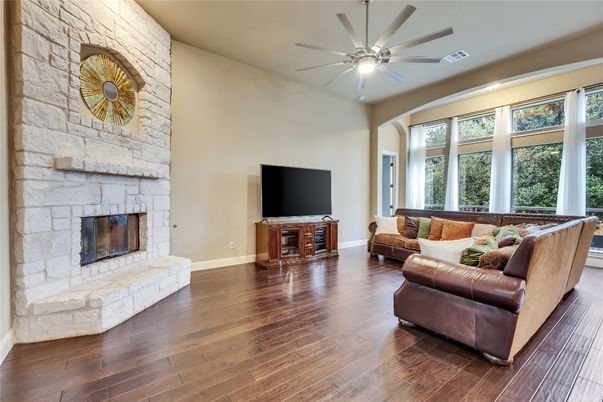 Fireplace, Interior, Living room, Stone Walls, Wood Texture Flooring
