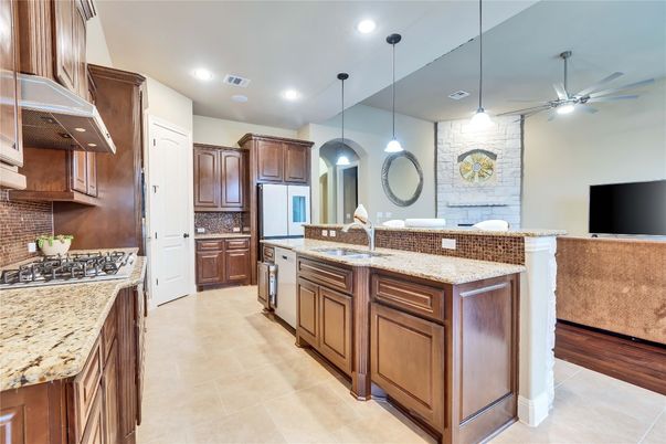 Interior, Kitchen, Pendant Lights, Recessed Lighting, Stone Walls
