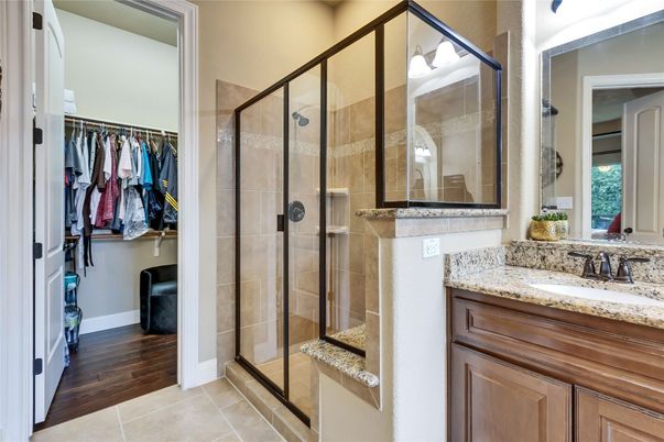 Bathroom, Glass Shower, Interior, Walk-in Closets, Wood Texture Flooring