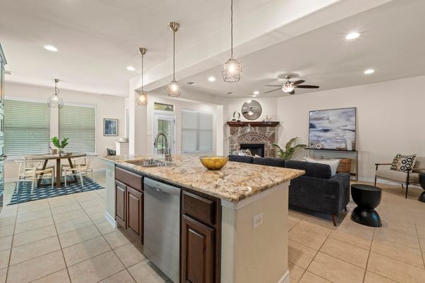 Dining room, Fireplace, Interior, Kitchen, Living room, Pendant Lights, Recessed Lighting