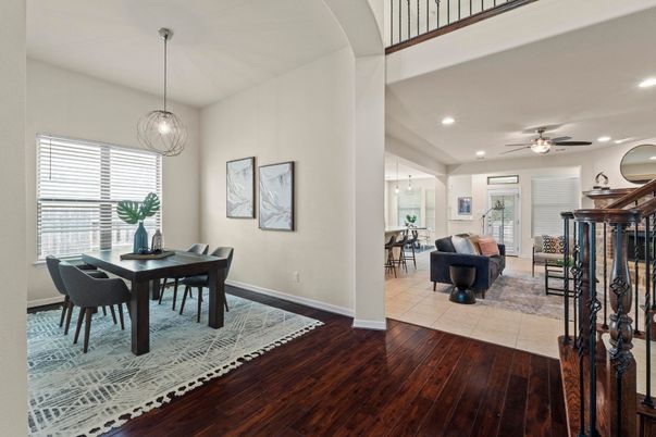 Dining room, Interior, Pendant Lights, Recessed Lighting, Wood Texture Flooring