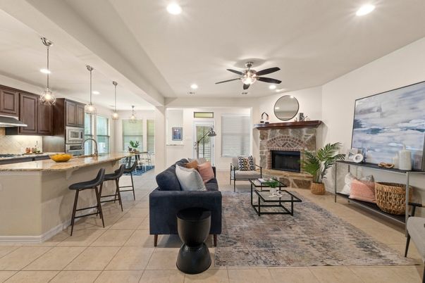 Fireplace, Interior, Kitchen, Living room, Pendant Lights, Recessed Lighting