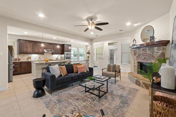 Fireplace, Interior, Kitchen, Living room, Pendant Lights, Recessed Lighting