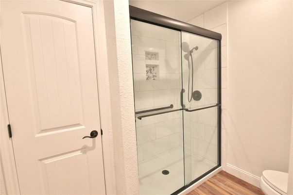 Bathroom, Glass Shower, Interior, Wood Texture Flooring