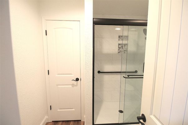 Bathroom, Glass Shower, Interior, Wood Texture Flooring