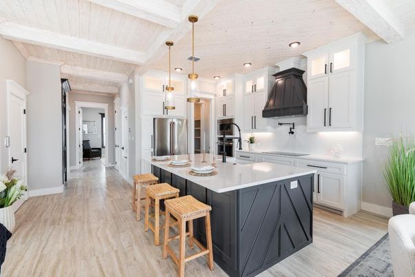 Interior, Kitchen, Pendant Lights, Recessed Lighting, Stainless Steel Appliances, Wooden Beams, Wooden Ceilings, Wood Texture Flooring