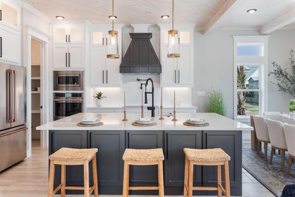 Interior, Kitchen, Pendant Lights, Recessed Lighting, Stainless Steel Appliances, Wooden Beams, Wooden Ceilings, Wood Texture Flooring