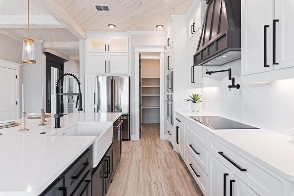 Interior, Kitchen, Pendant Lights, Recessed Lighting, Stainless Steel Appliances, Wooden Ceilings, Wood Texture Flooring