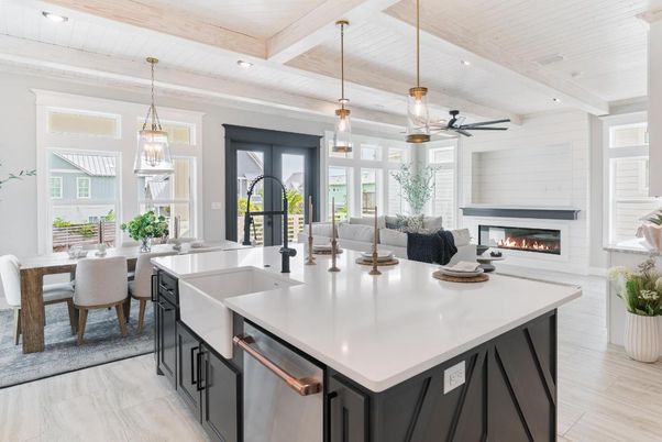 Dining room, Fireplace, Interior, Kitchen, Marble, Pendant Lights, Recessed Lighting, Stainless Steel Appliances, Wooden Beams