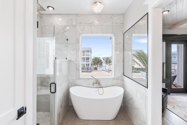 Bathroom, Free Standing Baths, Glass Shower, Interior, Marble Walls, Recessed Lighting