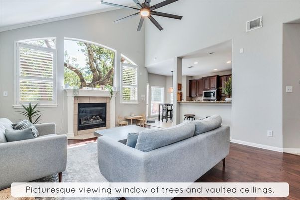 Fireplace, Interior, Kitchen, Living room, Recessed Lighting, Stainless Steel Appliances, Wood Texture Flooring