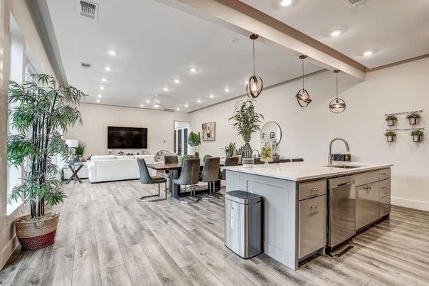 Dining room, Interior, Kitchen, Living room, Pendant Lights, Recessed Lighting, Wood Texture Flooring