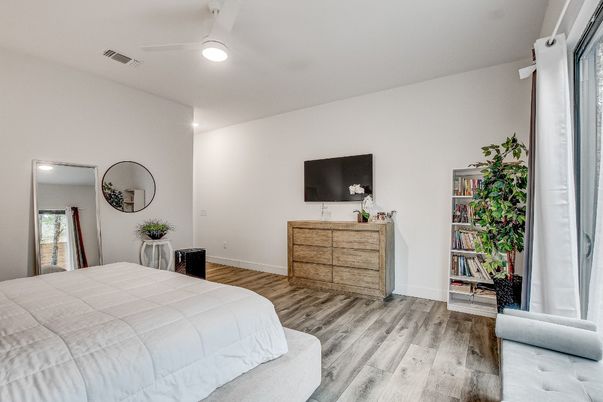 Bedroom, Interior, Recessed Lighting, Wood Texture Flooring