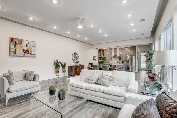 Dining room, Interior, Kitchen, Living room, Pendant Lights, Recessed Lighting, Stainless Steel Appliances, Wood Texture Flooring