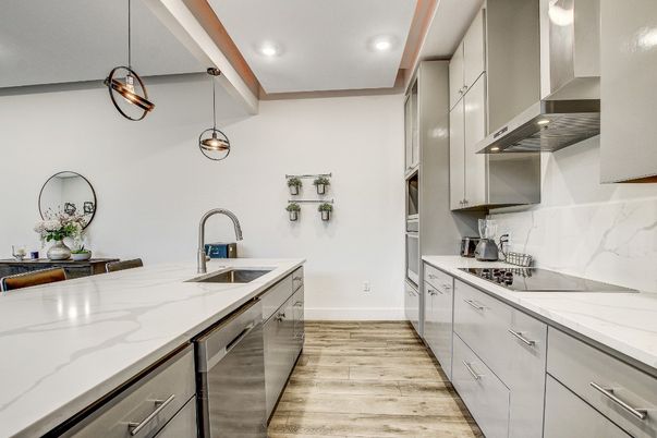 Interior, Kitchen, Pendant Lights, Recessed Lighting, Stainless Steel Appliances, Wood Texture Flooring