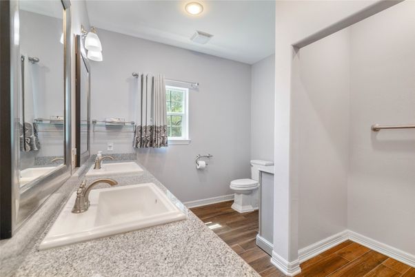 Bathroom, Interior, Recessed Lighting, Wood Texture Flooring
