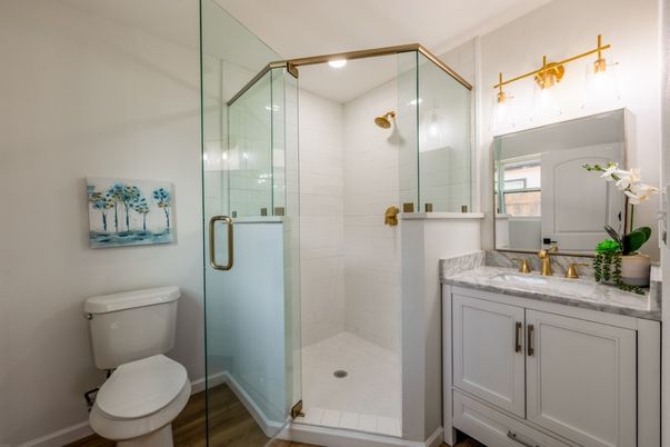 Bathroom, Glass Shower, Interior, Recessed Lighting, Wood Texture Flooring
