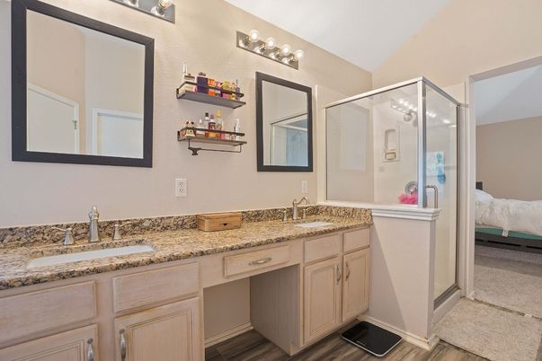 Bathroom, Bedroom, Dual Sink Vanities, Glass Shower, Interior, Wood Texture Flooring