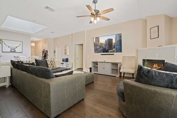 Dining room, Fireplace, Interior, Living room, Wood Texture Flooring