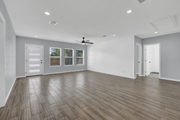 Empty room, Interior, Recessed Lighting, Wood Texture Flooring
