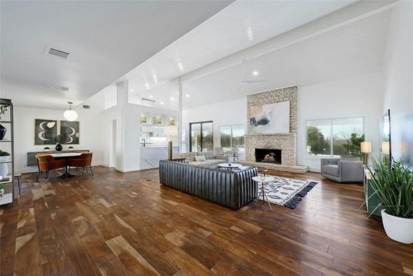 Dining room, Fireplace, Interior, Living room, Pendant Lights, Recessed Lighting, Stone Walls, Wood Texture Flooring