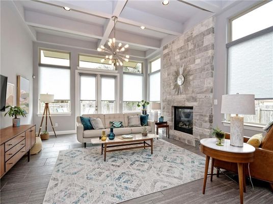 Fireplace, Interior, Living room, Pendant Lights, Recessed Lighting, Stone Walls