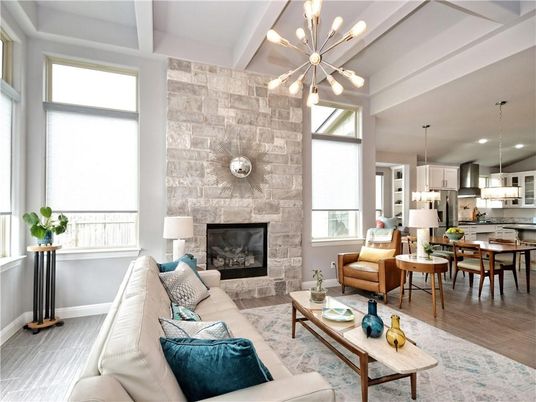 Dining room, Fireplace, Interior, Kitchen, Living room, Pendant Lights, Recessed Lighting, Stainless Steel Appliances, Stone Walls, Wood Texture Flooring